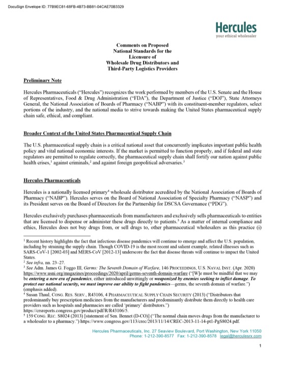 Comments on Proposed National Standards for the Licensure of Wholesale Drug Distributors & Third-Party Logistics Providers